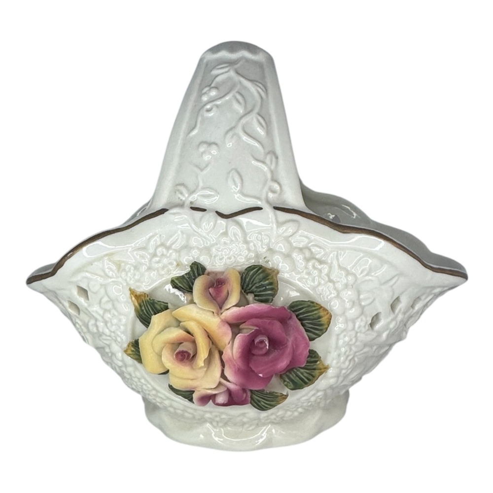 Vintage Ceramic Floral Basket Applied Porcelain Roses Gold Trim Pierced READ